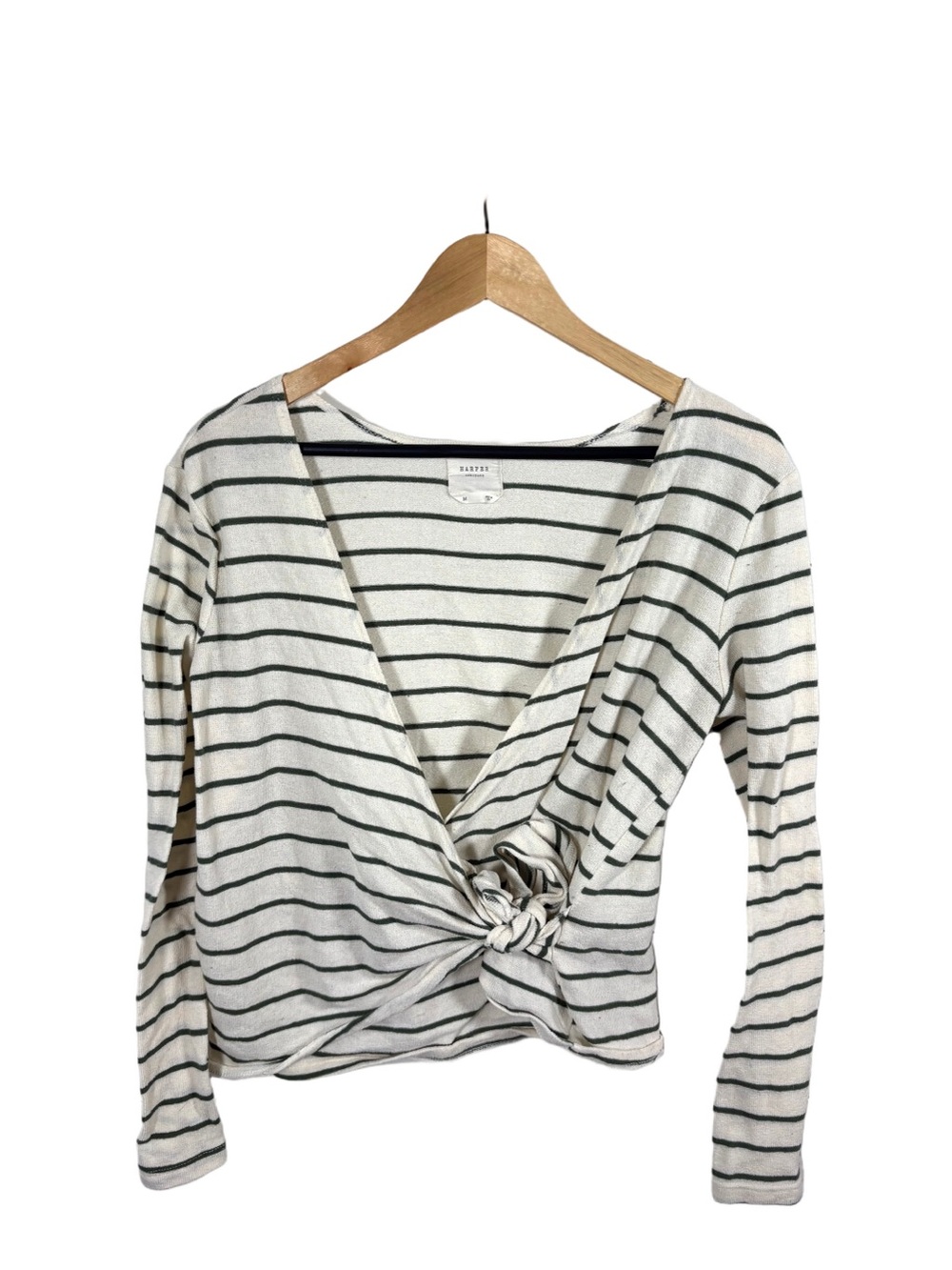 Harper Heritage M Ivory Green Stripe Tie Front Wrap Top Long Sleeve